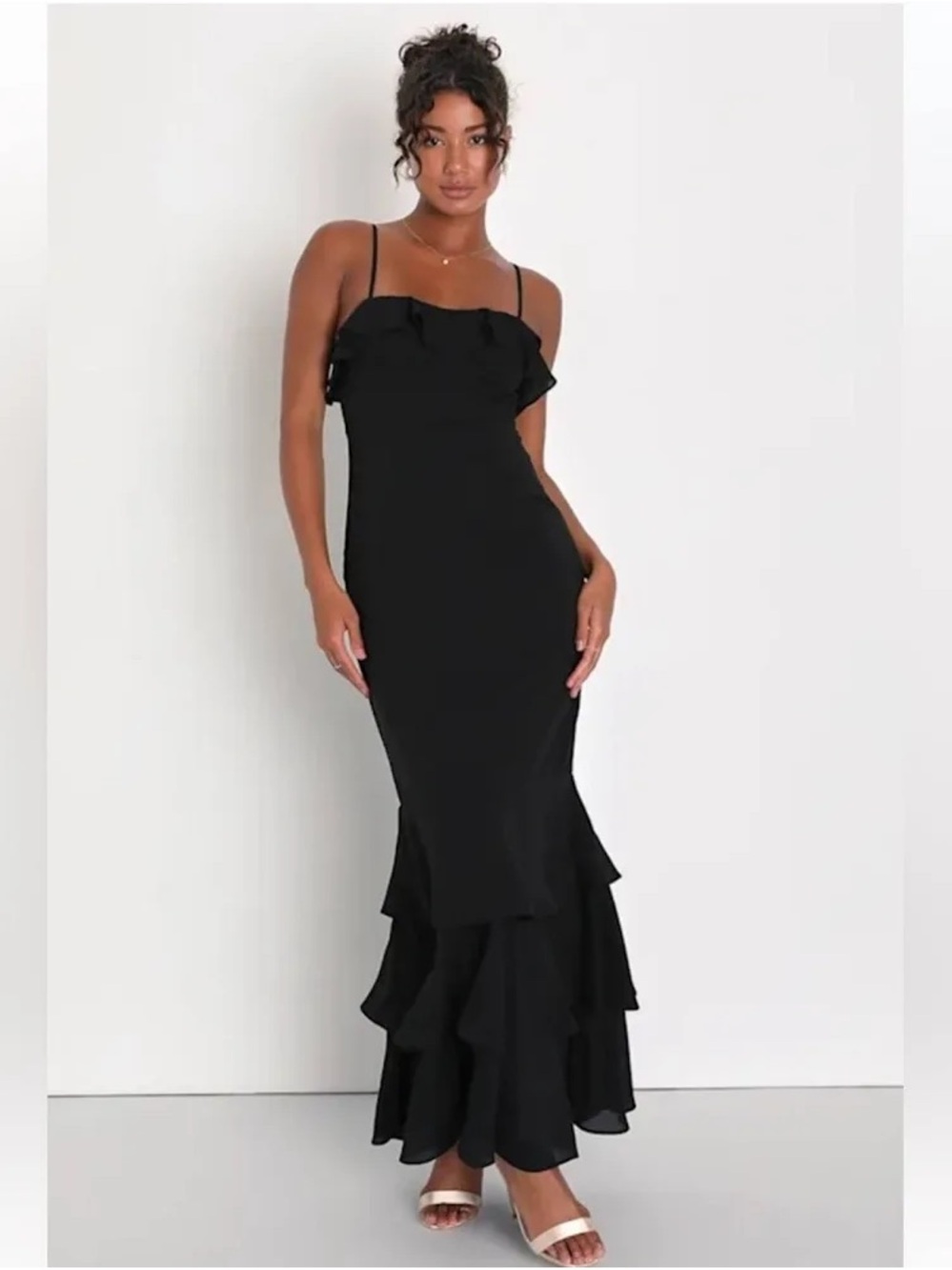 Lulu's Black Ruffle-Tier Spaghetti Strap Maxi Dress